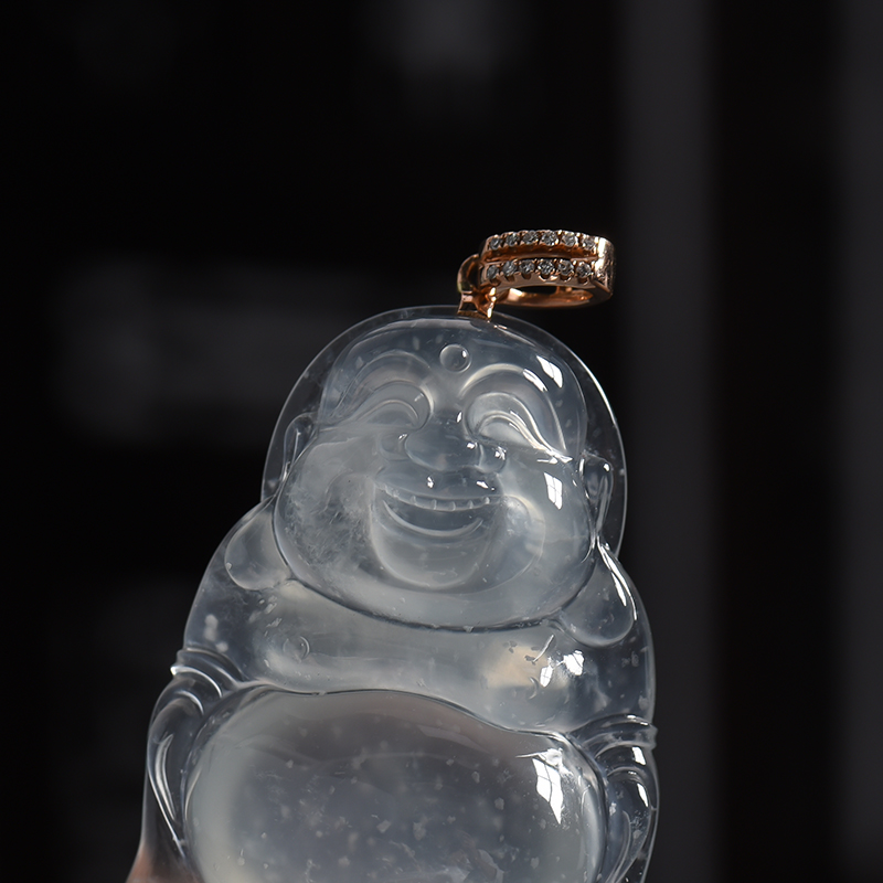 缅甸玻璃种无色翡翠弥勒佛吊坠 - 红掌柜