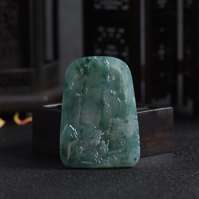 缅甸天然冰种飘花翡翠深山访友图吊坠 - 红掌柜