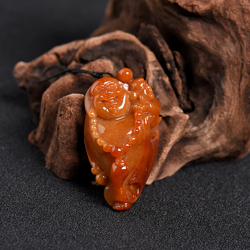 缅甸A货天然豆种红翡翡翠弥勒佛吊坠 - 红掌柜