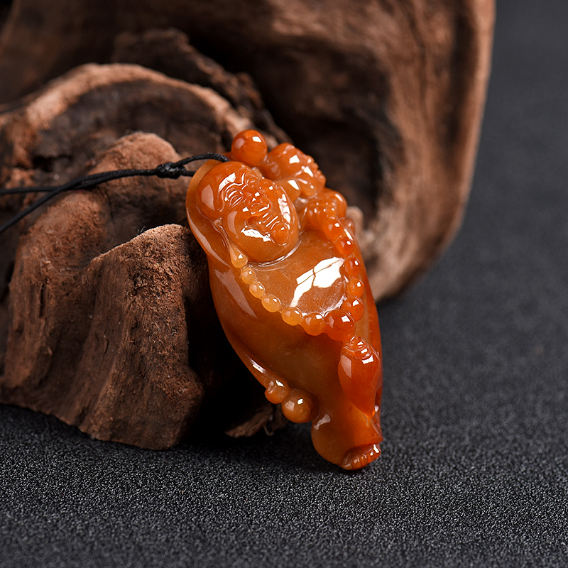 A货天然豆种红翡翡翠弥勒佛吊坠 - 红掌柜
