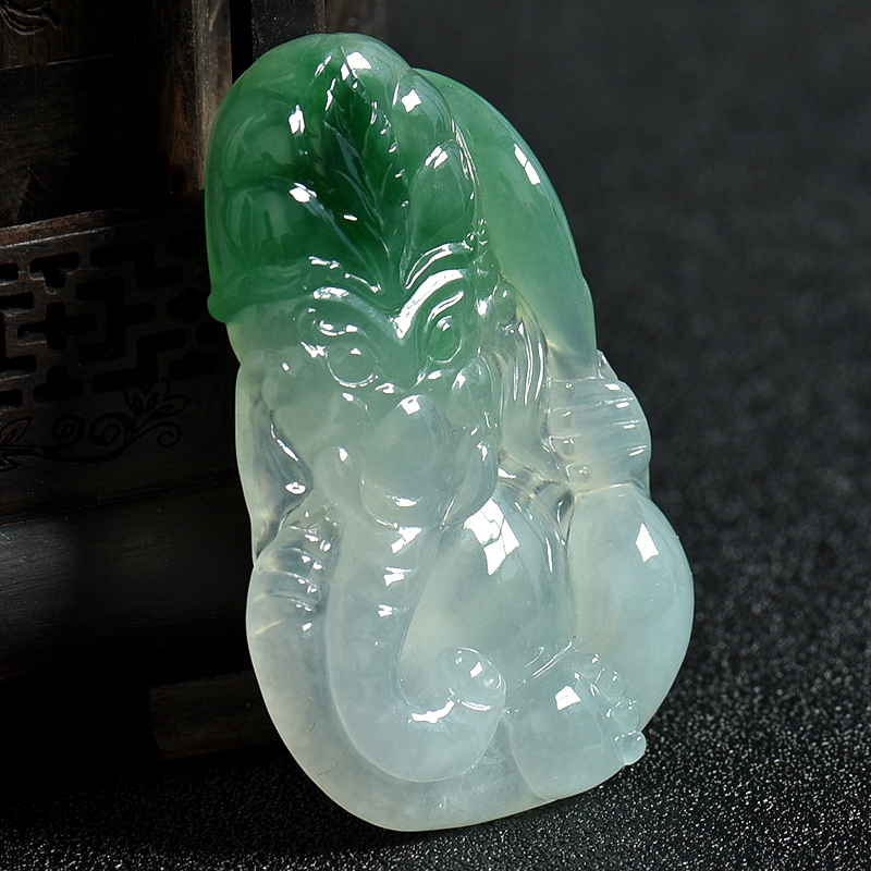 缅甸天然飘翠翡翠象鼻神吊坠-红掌柜