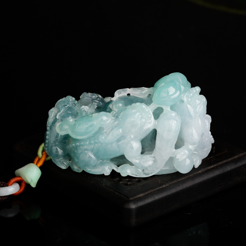缅甸天然糯冰种蓝绿色翡翠貔貅手把件-红掌柜