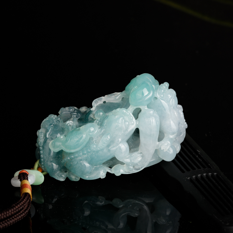 缅甸糯冰种蓝绿色翡翠貔貅手把件-红掌柜