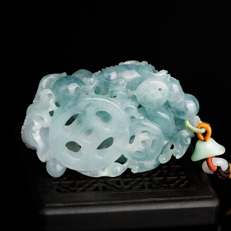 缅甸天然蓝绿色翡翠貔貅手把件-红掌柜