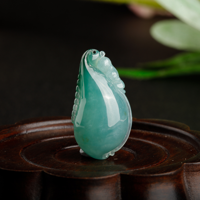 缅甸天然糯冰种蓝绿色翡翠福瓜吊坠-红掌柜