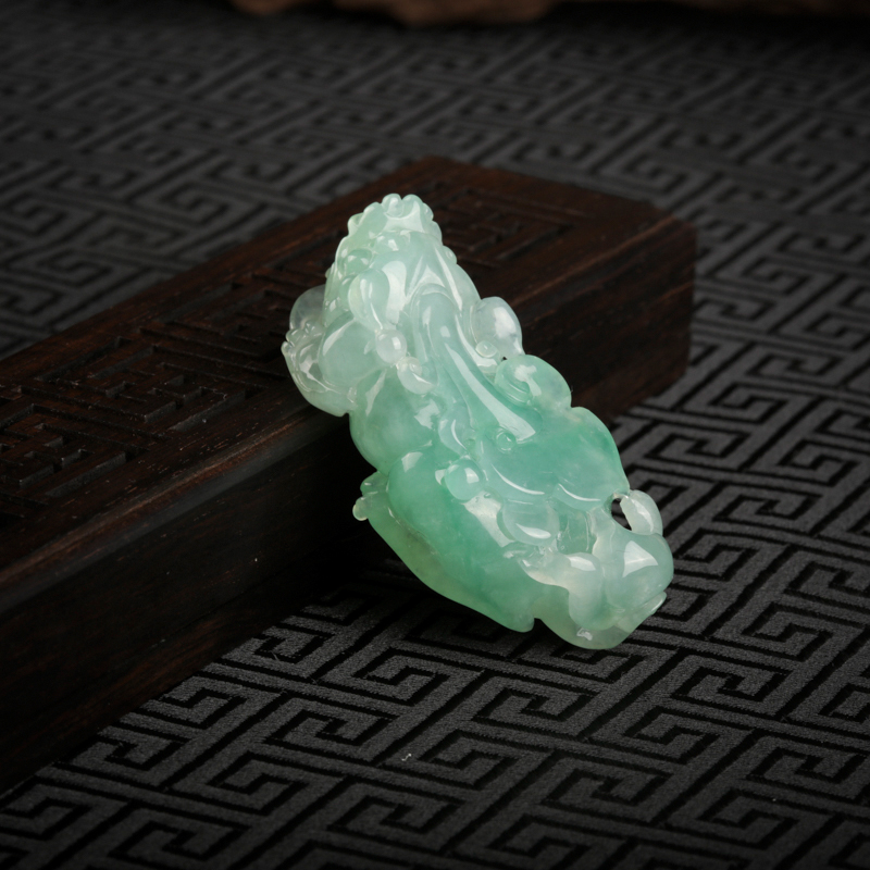 天然糯种蓝绿翡翠貔貅吊坠-红掌柜