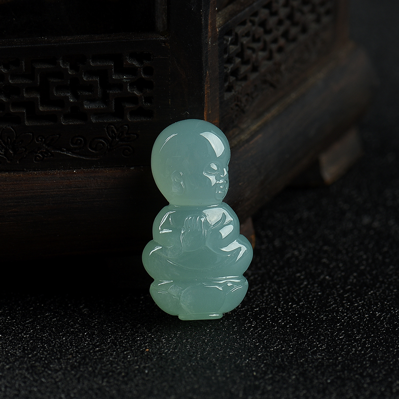 糯种蓝绿翡翠沙弥吊坠-红掌柜