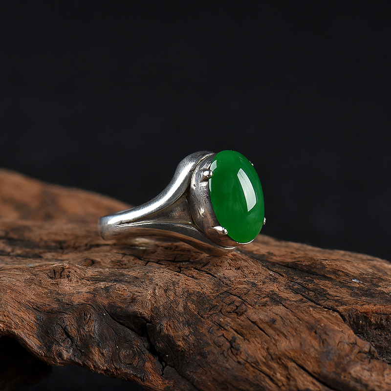 缅甸糯冰种深绿翡翠戒面-红掌柜