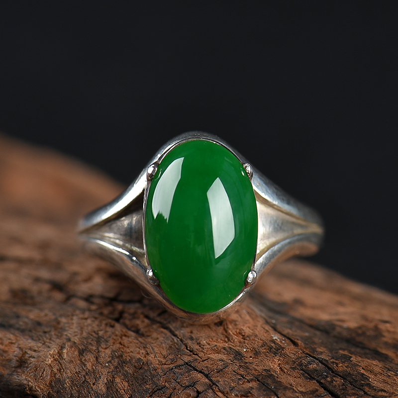 缅甸A货糯冰种深绿翡翠戒面-红掌柜