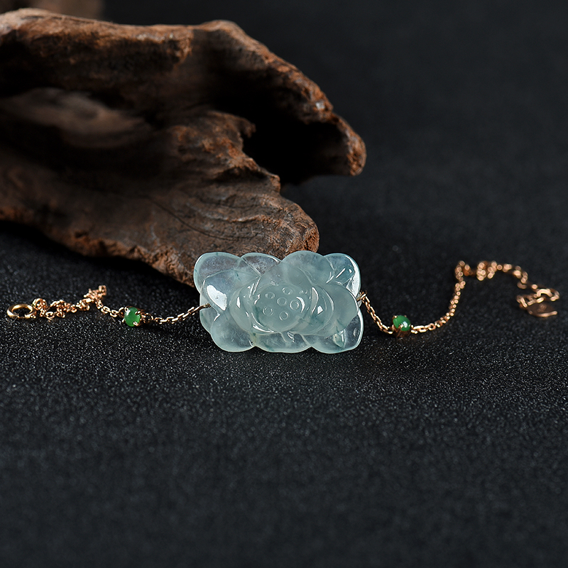 18K糯冰种飘花翡翠莲花手链-红掌柜