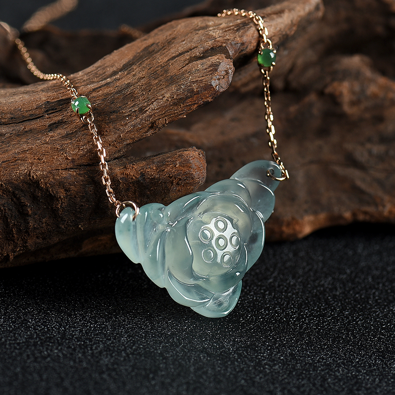 糯冰种飘花翡翠莲花项链-红掌柜