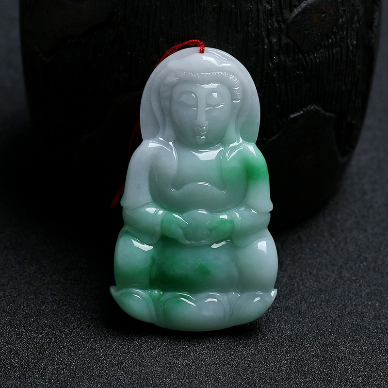 缅甸天然糯种白底飘花翡翠观音吊坠-红掌柜