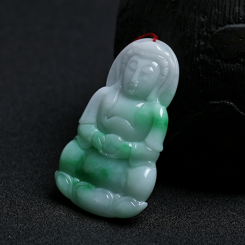 缅甸糯种白底飘花翡翠观音吊坠-红掌柜