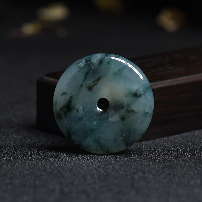 缅甸冰糯种蓝绿飘花翡翠平安扣吊坠-红掌柜