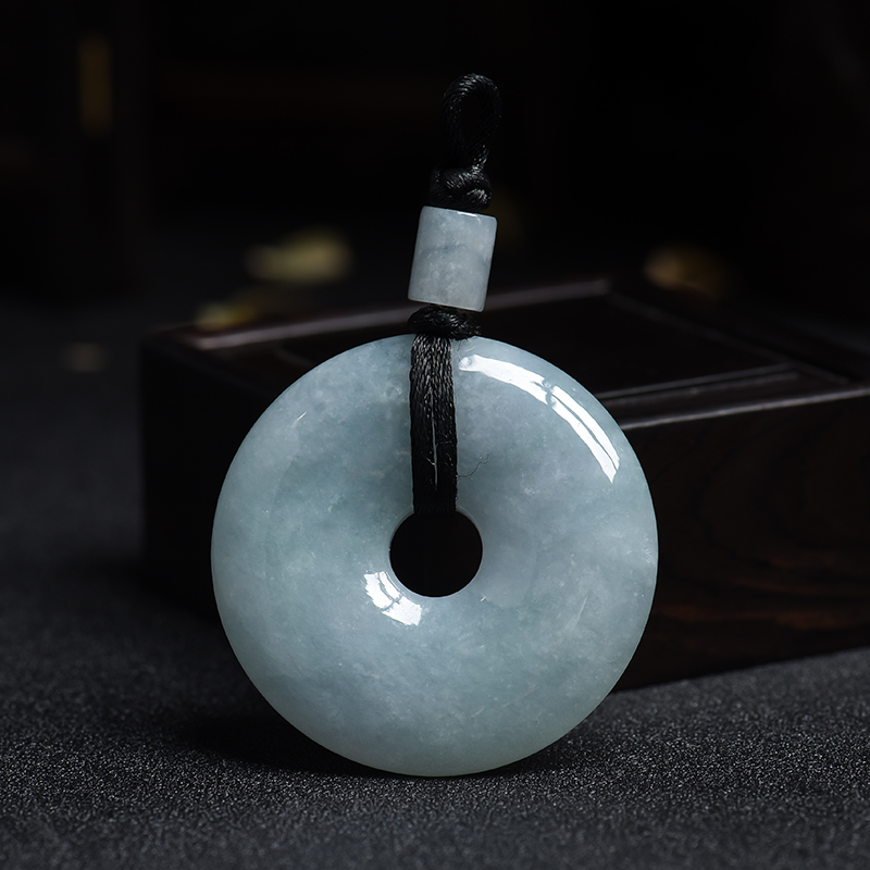 缅甸天然豆种浅蓝绿翡翠平安扣吊坠-红掌柜