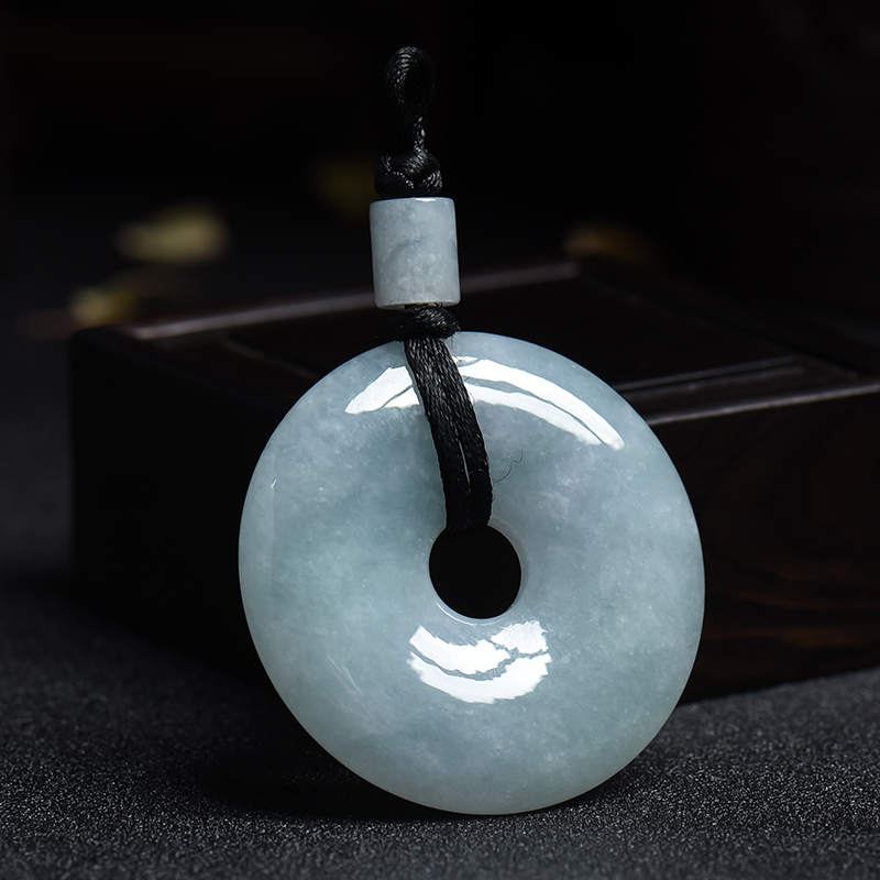缅甸豆种浅蓝绿翡翠平安扣吊坠-红掌柜