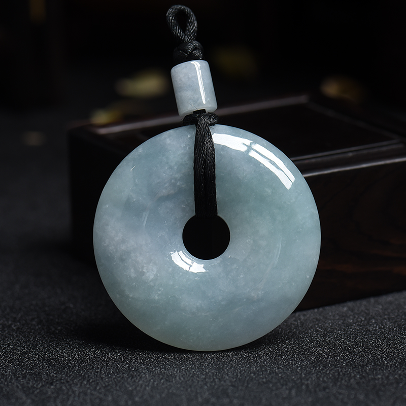 缅甸天然浅蓝绿翡翠平安扣吊坠-红掌柜