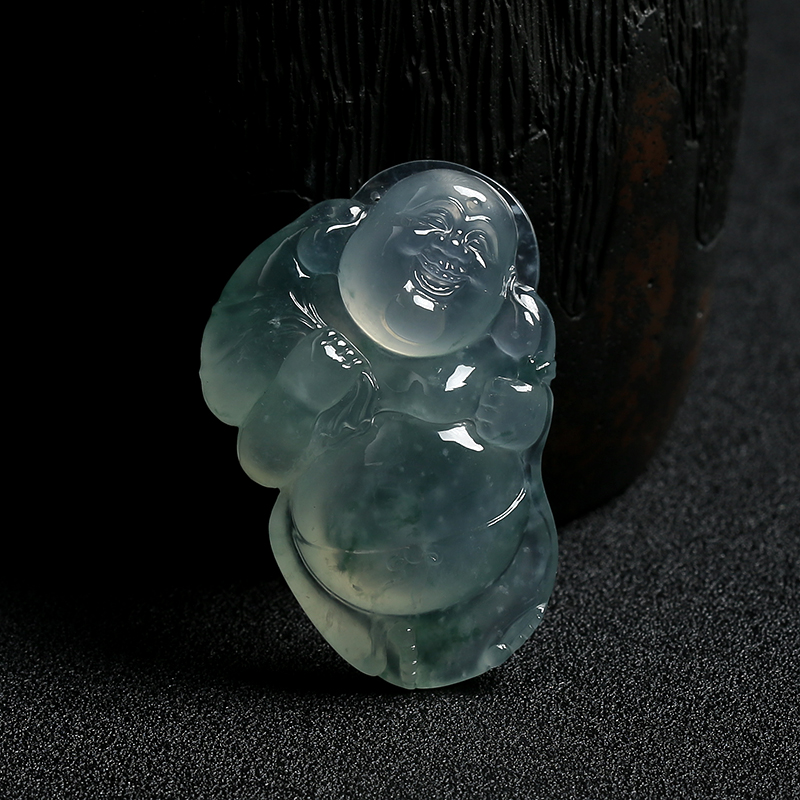 缅甸天然冰种浅绿飘花翡翠逍遥佛挂件-红掌柜
