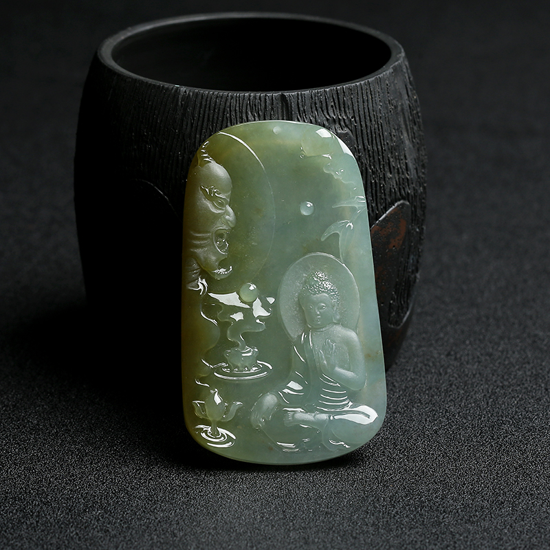 缅甸A货糯种浅绿俏色翡翠立地成佛挂件 - 红掌柜