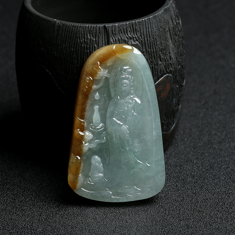 糯种蓝水俏色翡翠童子拜观音挂件 - 红掌柜