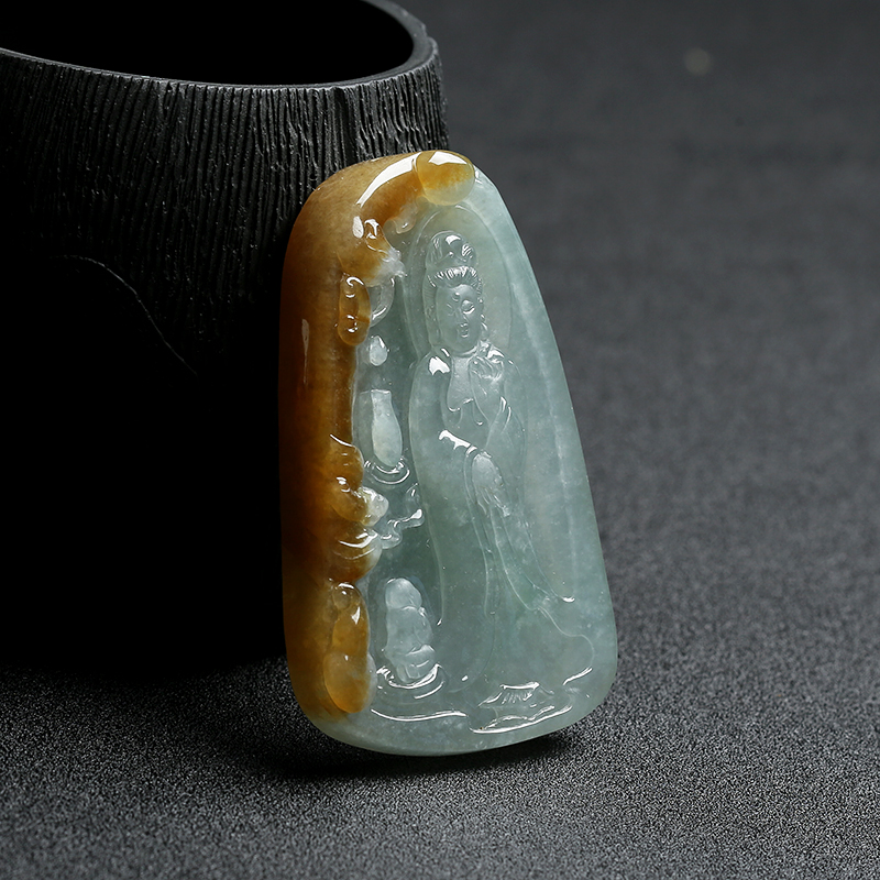 蓝水俏色翡翠童子拜观音挂件 - 红掌柜