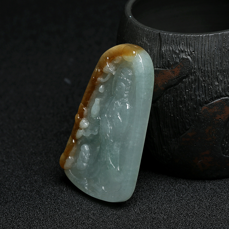 俏色翡翠童子拜观音挂件 - 红掌柜