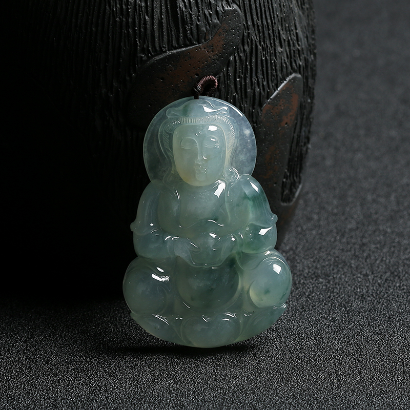 缅甸天然糯种浅绿飘花翡翠观音挂件-红掌柜