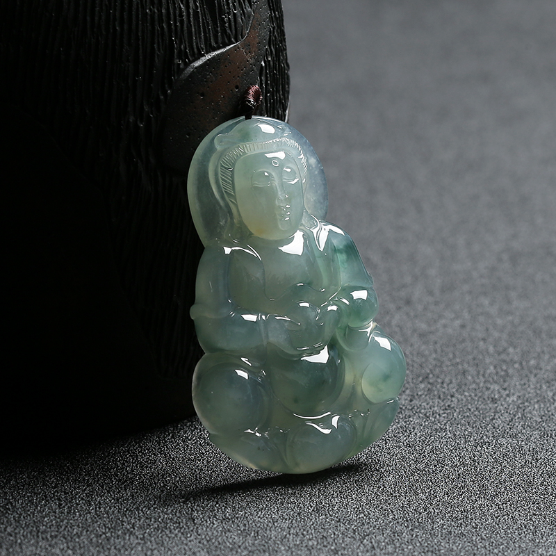 天然糯种浅绿飘花翡翠观音挂件-红掌柜
