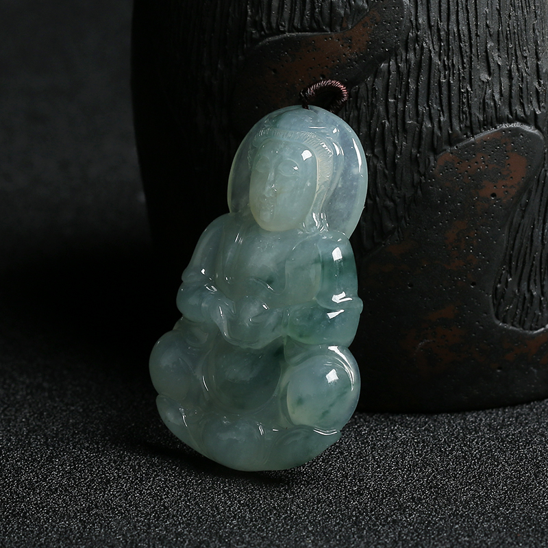 缅甸糯种浅绿飘花翡翠观音挂件-红掌柜