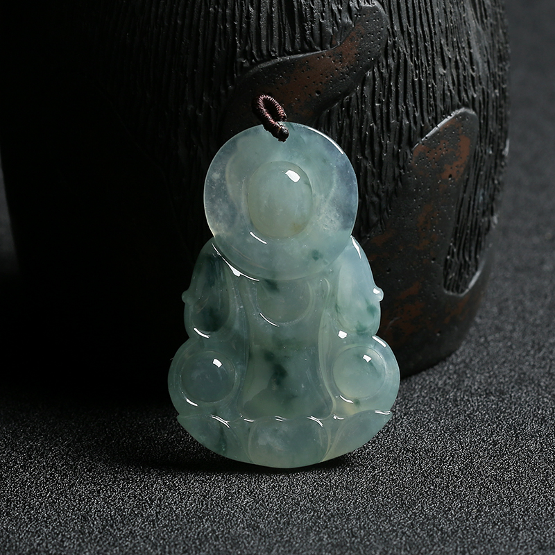 缅甸天然浅绿飘花翡翠观音挂件-红掌柜