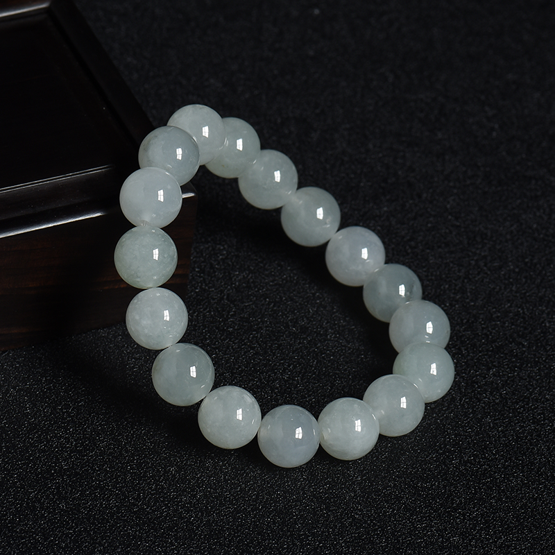 缅甸糯冰种浅绿翡翠圆珠手串-红掌柜