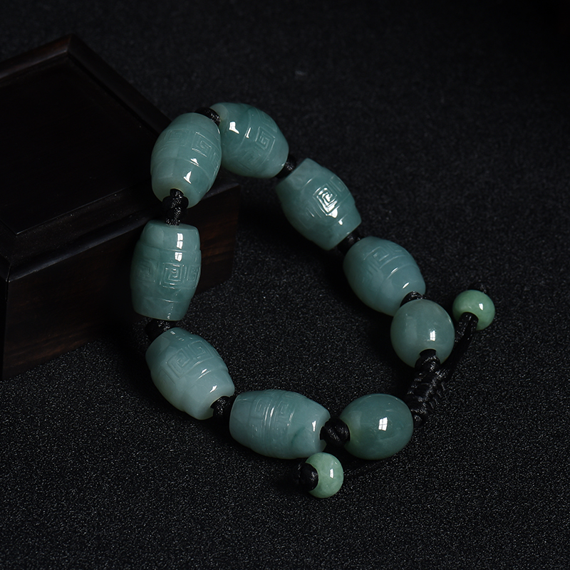 缅甸糯种蓝绿翡翠回纹手串-红掌柜