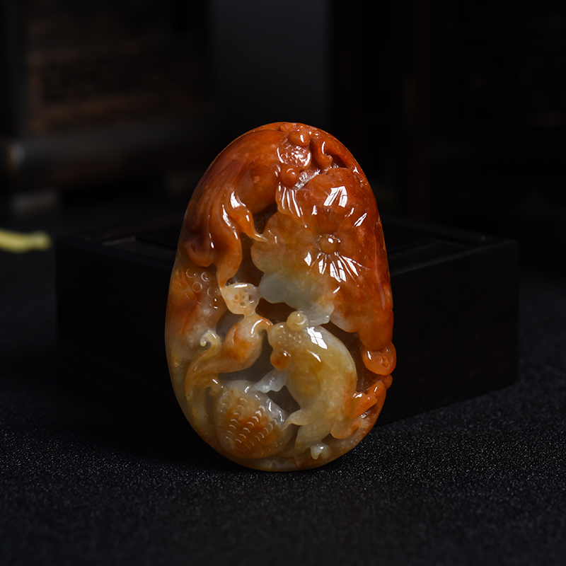 缅甸天然豆种黄翡连年有余吊坠-红掌柜