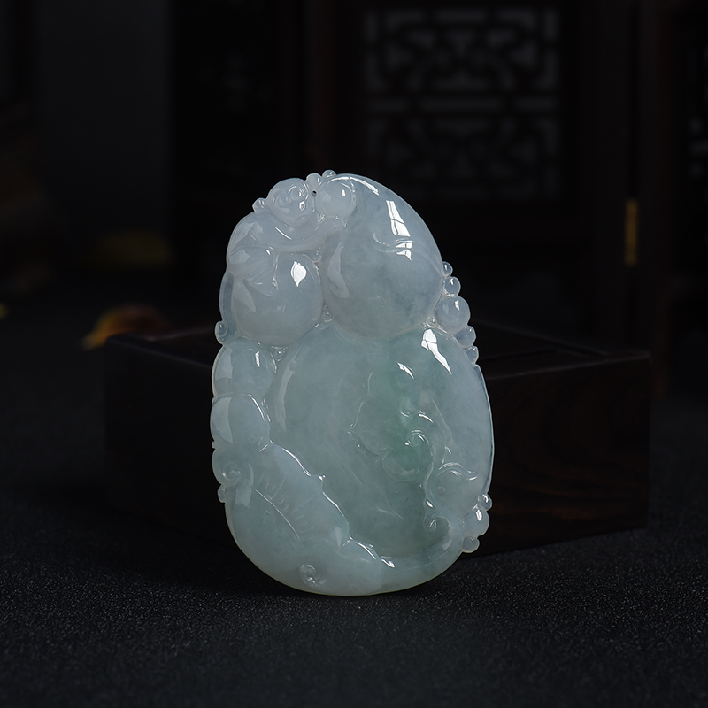 缅甸天然糯种浅绿翡翠福禄吊坠-红掌柜