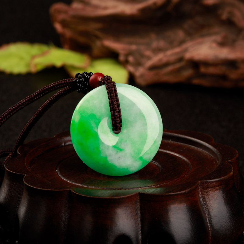 缅甸天然豆种飘翠翡翠平安扣吊坠-红掌柜