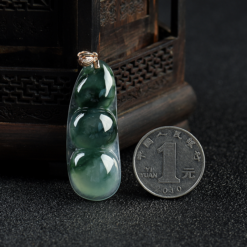 糯冰种飘花翡翠连中三元吊坠-红掌柜