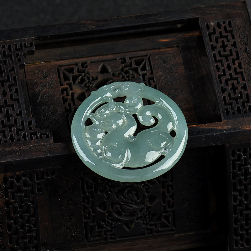 缅甸天然糯冰种翡翠麒麟吊坠-红掌柜