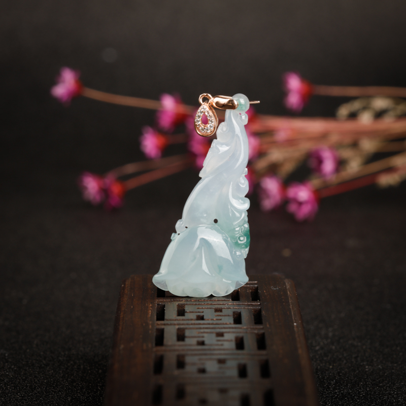 糯冰种飘花翡翠玫瑰花吊坠-红掌柜