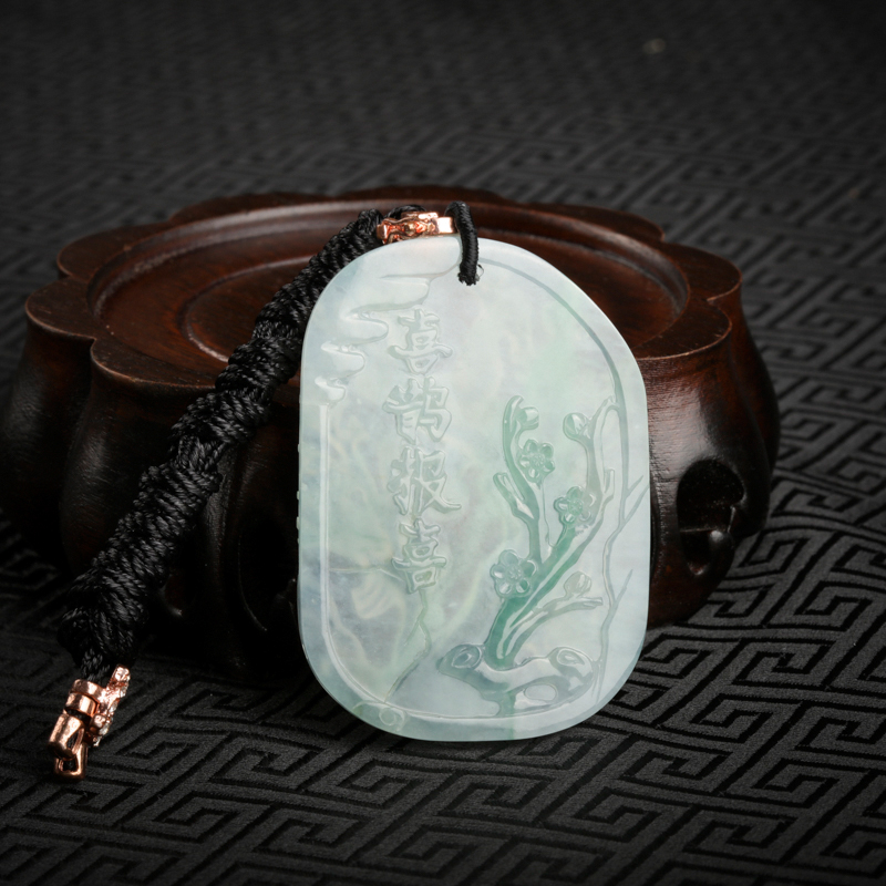 缅甸天然A货糯冰种飘花翡翠喜上眉梢吊坠-红掌柜