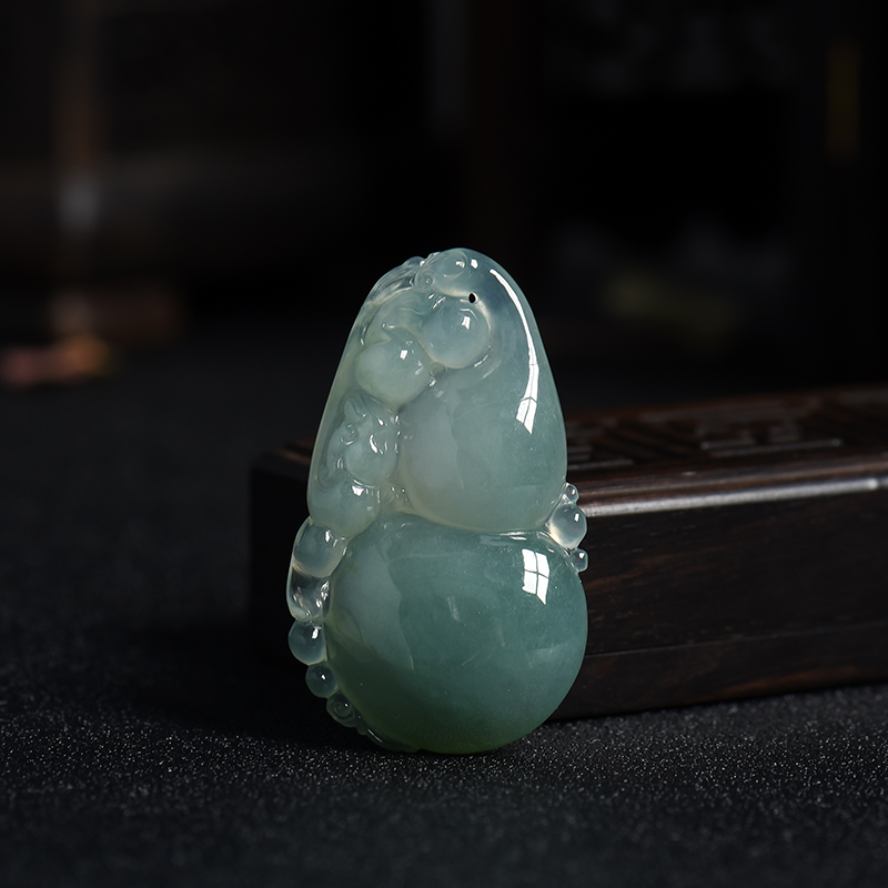 缅甸A货天然冰糯种深蓝色翡翠葫芦吊坠 - 红掌柜