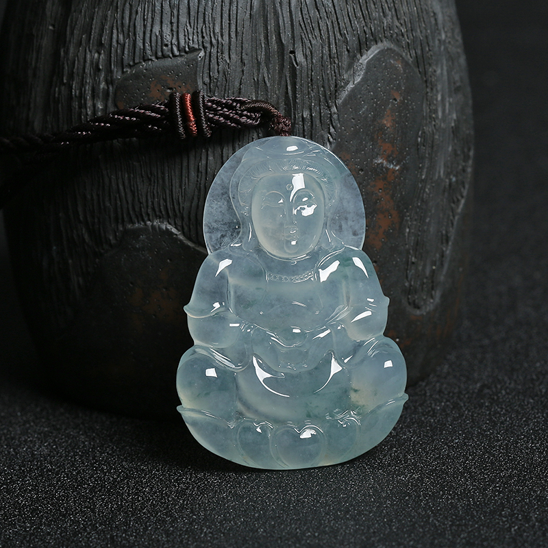 缅甸A货天然冰种飘蓝花翡翠观音吊坠 - 红掌柜