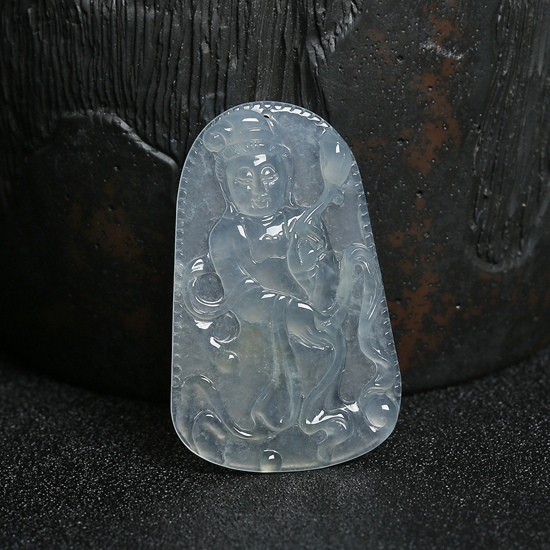 缅甸A货天然冰种无色翡翠观音吊坠 - 红掌柜