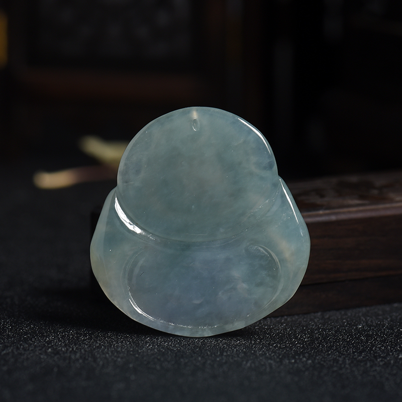 冰糯种灰绿色翡翠弥勒佛-红掌柜