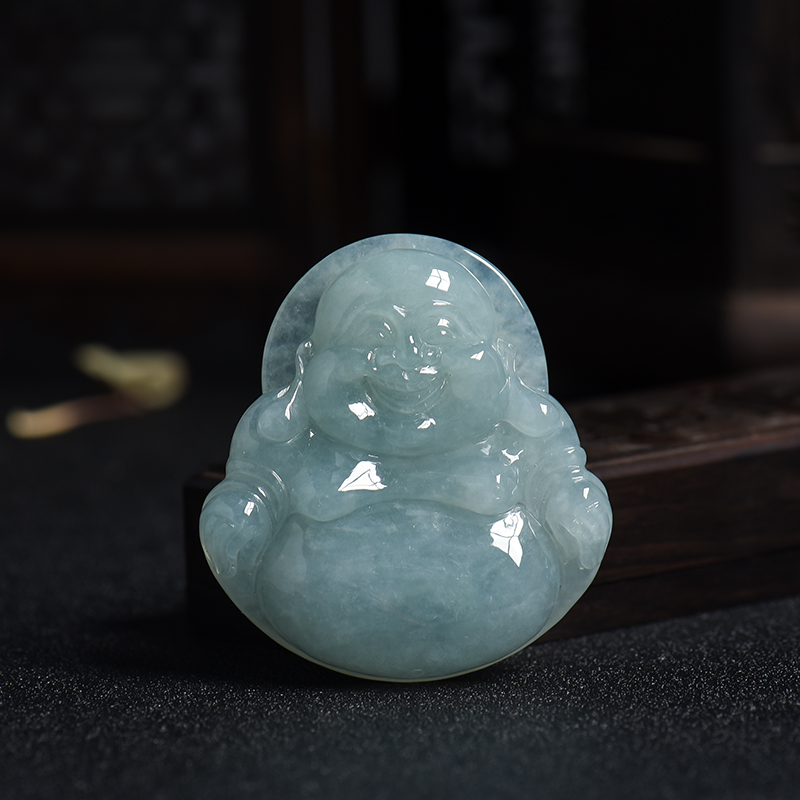 冰糯种蓝绿色翡翠弥勒佛吊坠-红掌柜