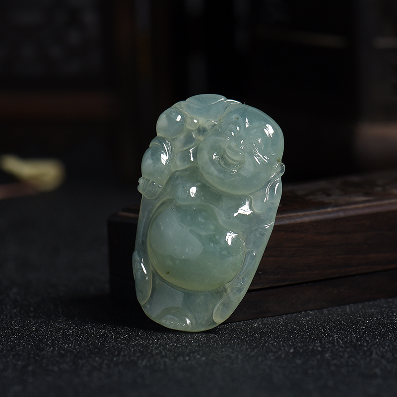 天然冰糯种灰绿色翡翠逍遥佛吊坠-红掌柜