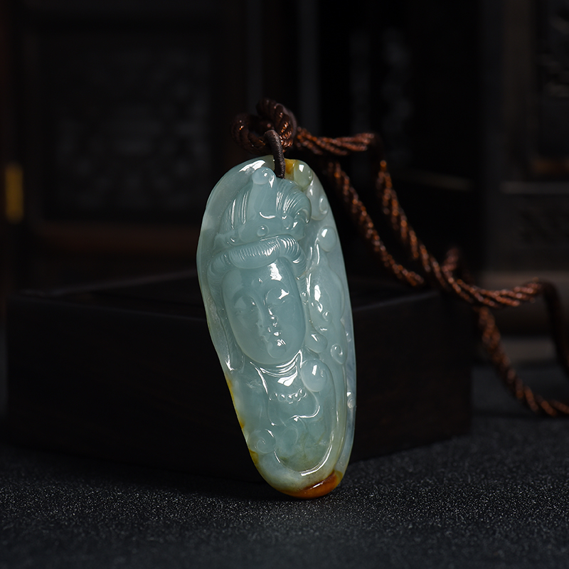 缅甸糯种俏色翡翠观音吊坠-红掌柜