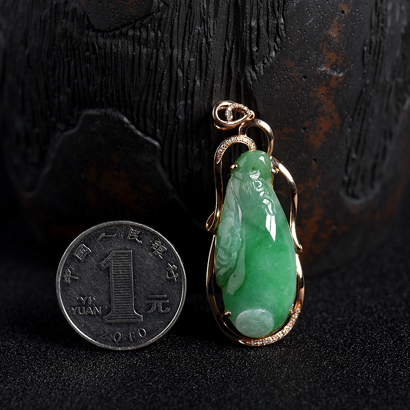 18K金镶钻糯种翡翠福从天降吊坠 - 红掌柜