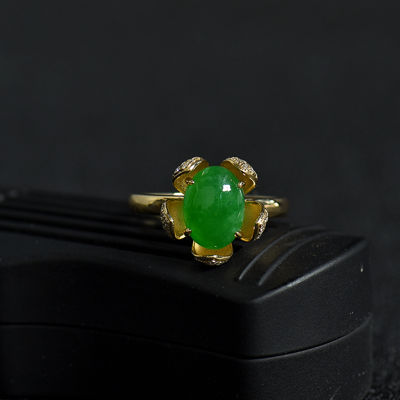 18K金镶钻糯冰种深绿翡翠戒指-红掌柜