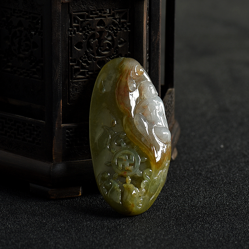 缅甸天然糯种俏色翡翠花开见佛挂件 - 红掌柜