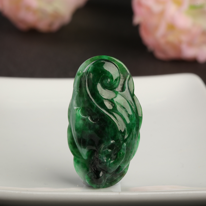 缅甸A货天然花青种暗绿翡翠飞龙在天吊坠 - 红掌柜